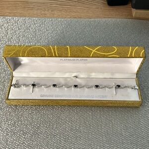 Platinum Plated Genuine Black Gemstone and Diamond Accent Bracelet